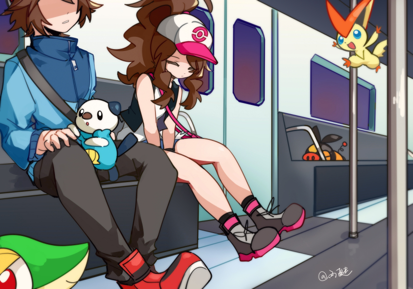 1boy 1girl :d absurdres baseball_cap black_pants blue_eyes blue_jacket boots brown_hair c6h14o0918 closed_eyes closed_mouth commentary faceless faceless_male gen_5_pokemon grey_footwear hat high_ponytail highres hilbert_(pokemon) hilda_(pokemon) jacket legendary_pokemon lying mythical_pokemon nintendo on_stomach open_mouth oshawott pants pink_bag poke_ball_print pokemon pokemon_(creature) pokemon_bw ponytail print_headwear red_eyes red_footwear shoes signature sleeping smile smug snivy starter_pokemon_trio tepig train_interior victini white_hat