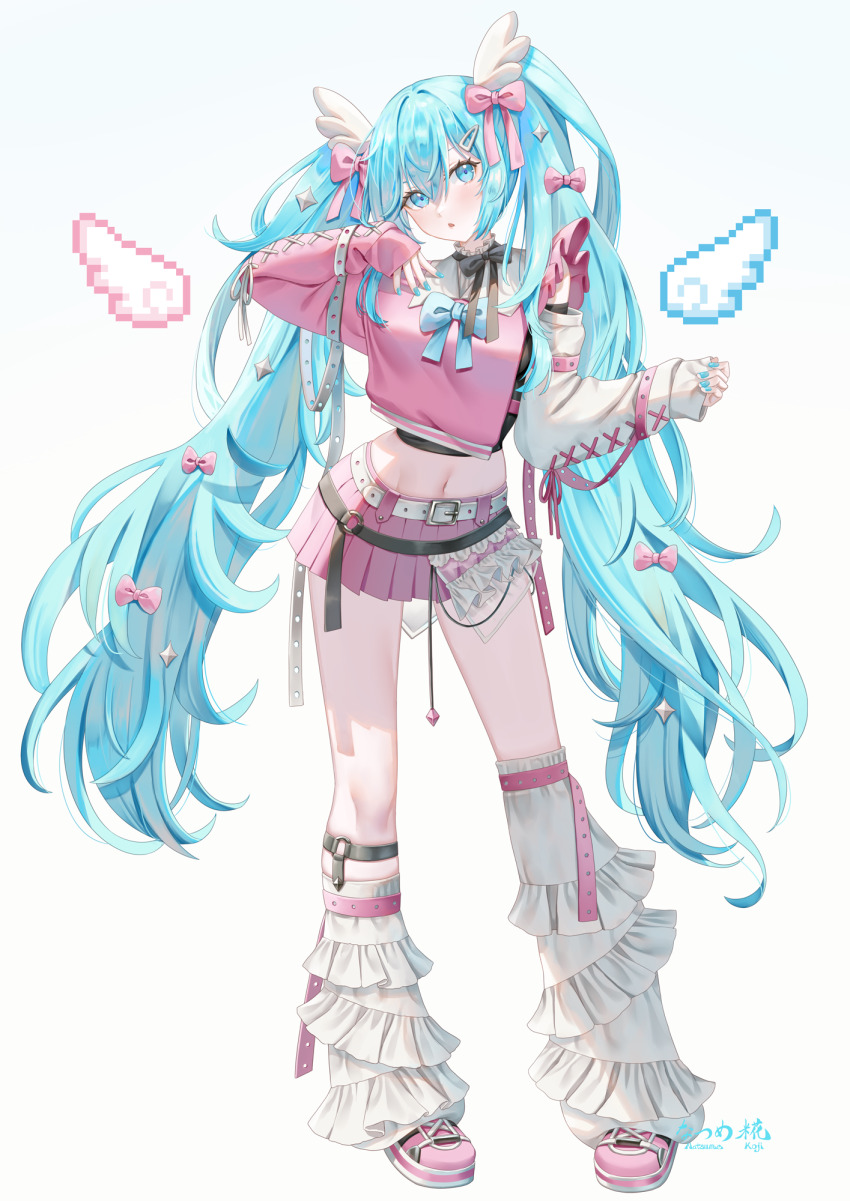 1girl asymmetrical_legwear belt blue_eyes blue_hair bow commentary_request crop_top frilled_socks frills full_body hair_bow hair_ornament hatsune_miku head_tilt highres kneehighs long_sleeves midriff miniskirt nail_polish natsume_koji navel over-kneehighs parted_lips pink_shirt pink_shoes pink_skirt pleated_skirt shirt shoes simple_background single_kneehigh single_over-kneehigh single_sock single_thighhigh skirt socks solo standing thighhighs thighs undershirt vocaloid white_background white_socks wing_hair_ornament