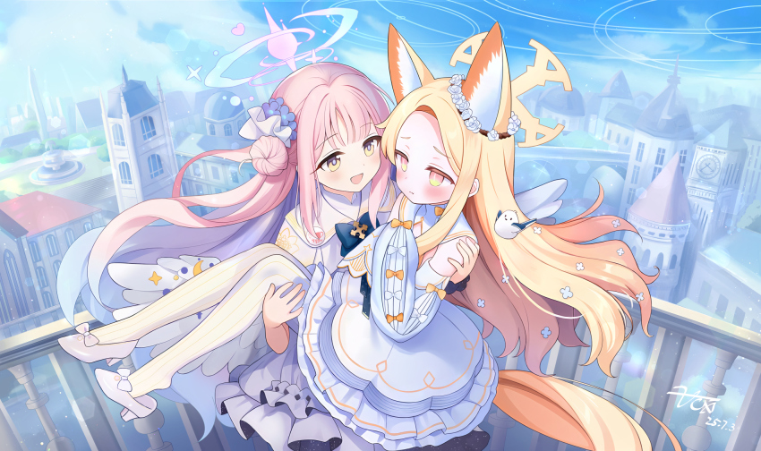 2girls animal_ears bird blonde_hair blue_archive blue_halo blush carrying chinese_commentary closed_mouth commentary_request detached_sleeves dress fox_ears frilled_dress frills hair_bun halo highres long_hair long_sleeves mika_(blue_archive) multiple_girls pantyhose pink_hair princess_carry red_eyes seia_(blue_archive) single_side_bun white_dress white_pantyhose yellow_eyes yellow_halo zcx