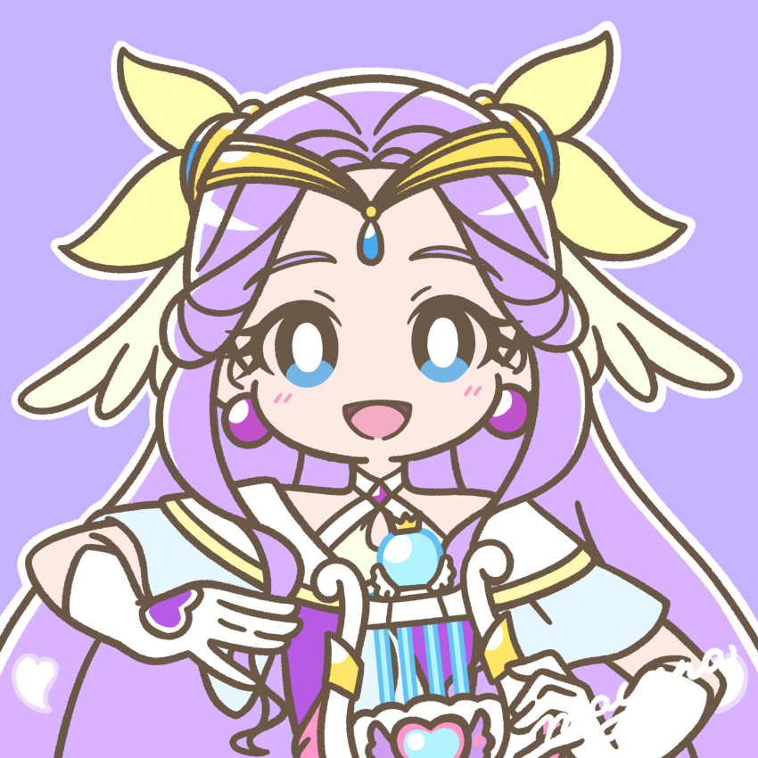 1girl blue_eyes blush bright_pupils choker circlet criss-cross_halter cure_earth dress earrings elbow_gloves eyelashes fuurin_asumi gloves hair_ornament halterneck healin&#039;_good_precure heart highres instrument jewelry long_hair looking_at_viewer lyre magical_girl mayena open_mouth outline precure purple_background purple_dress purple_hair signature simple_background smile solo upper_body white_gloves white_outline white_pupils wings