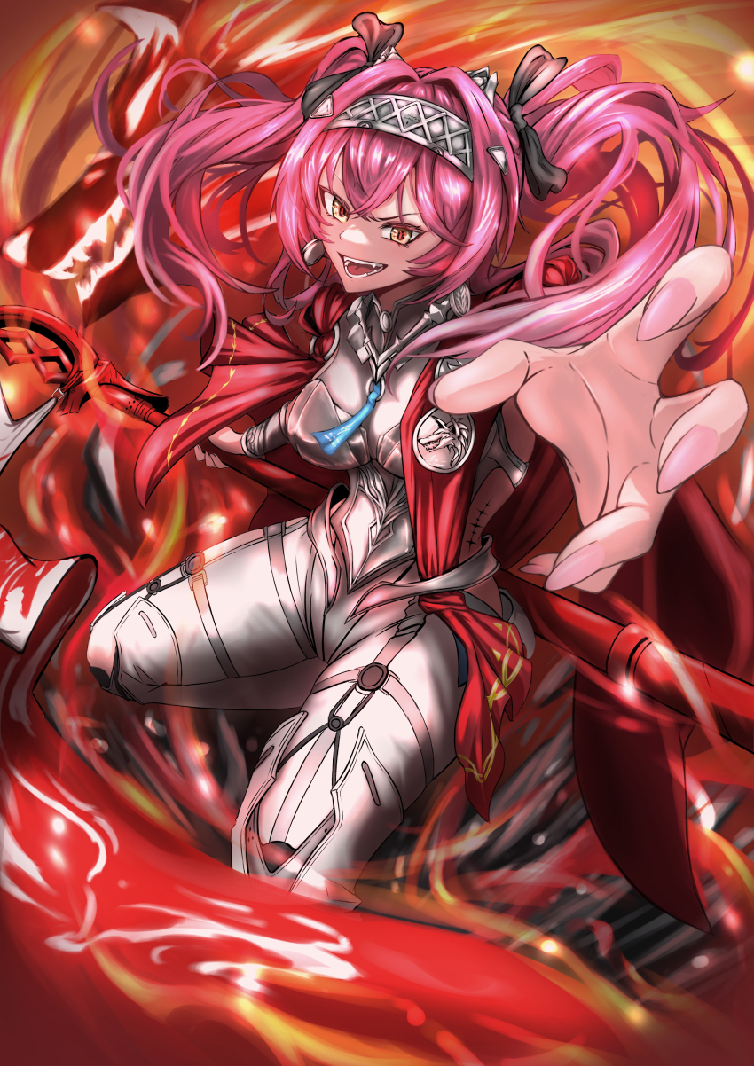 1girl absurdres armor bodysuit boots breastplate breasts collar commentary_request fingernails hairband highres kc_yuki89 long_fingernails long_hair looking_at_viewer lupa_(wuthering_waves) medium_breasts metal_collar metal_hairband nail_polish open_mouth pink_hair pink_nails red_pupils smile solo thigh_boots v-shaped_eyebrows white_bodysuit white_boots wuthering_waves yellow_eyes