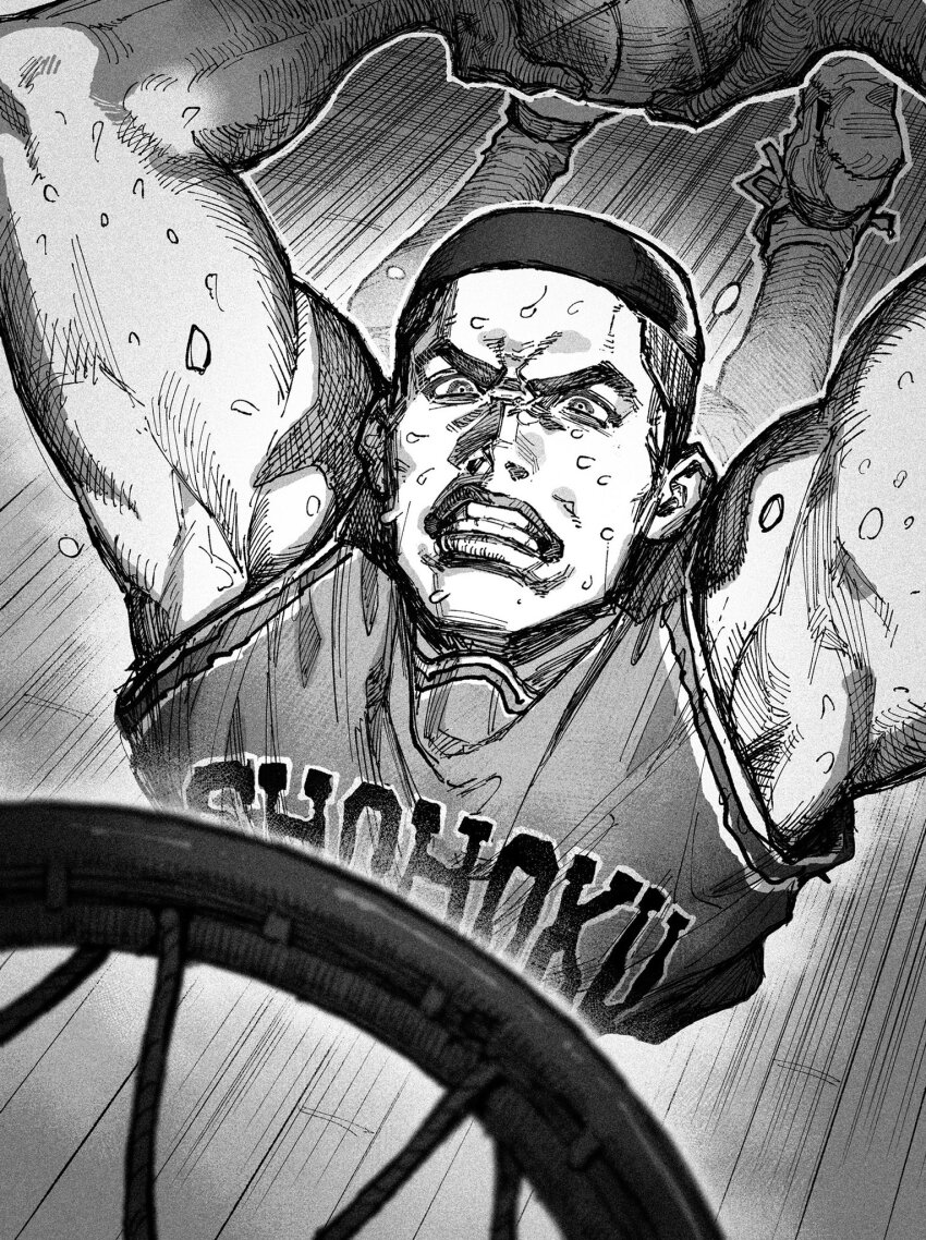 1boy akagi_takenori arms_up ball basketball basketball_hoop basketball_jersey basketball_uniform black_hair flying_sweatdrops from_above greyscale highres holding holding_ball jersey jumping male_focus monochrome muscular muscular_male ohji130 shoes short_hair slam_dunk_(basketball) slam_dunk_(series) sneakers socks solo sportswear sweat sweatdrop very_short_hair