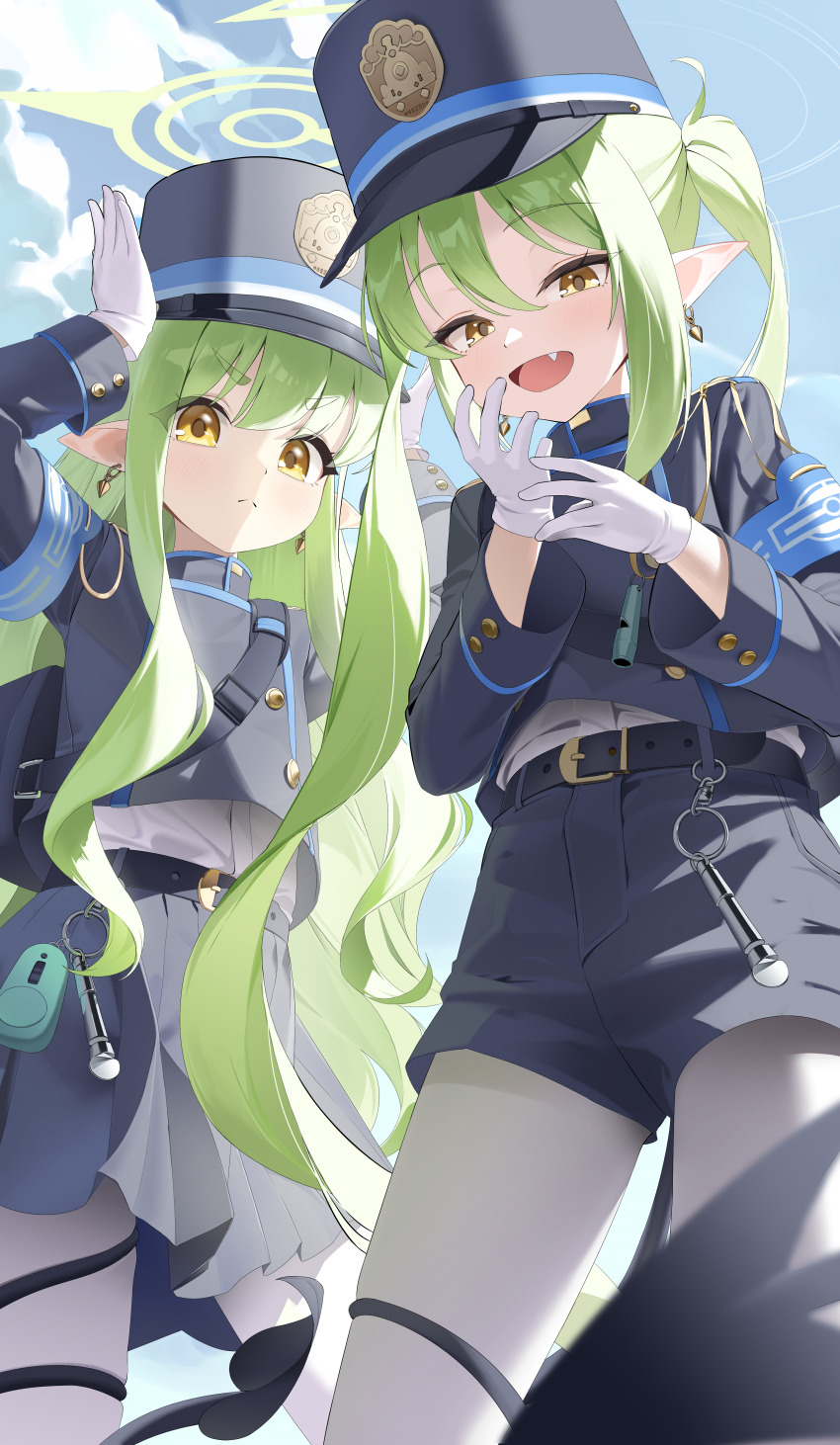 2girls absurdres armband belt black_belt black_hat black_jacket black_shorts black_skirt blue_archive blue_armband blush commentary demon_tail earrings fang gloves green_hair green_halo halo hands_up hat highres hikari_(blue_archive) jacket jewelry looking_at_viewer miniskirt multiple_girls nozomi_(blue_archive) open_mouth pantyhose peaked_cap pleated_skirt pointy_ears september0405 short_shorts shorts siblings sidelocks sisters skirt smile tail tail_around_own_leg twins twintails white_gloves white_pantyhose yellow_eyes