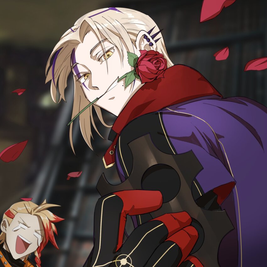 2boys :d axel_syrios black_gloves black_shirt blank_eyes blonde_hair blurry blurry_background braid collar commentary ear_piercing english_commentary facial_mark falling_petals flower flower_in_mouth gloves gokotan grin highres holostars holostars_english laughing looking_at_another looking_at_viewer looking_to_the_side magni_dezmond male_focus mole mole_under_mouth mouth_hold multicolored_hair multiple_boys official_art open_mouth orange_collar parted_bangs petals piercing patterned_hair purple_hair red_flower red_hair red_rose rose shirt short_hair side_braid smile streaked_hair tears teeth turtleneck upper_body upper_teeth_only v-shaped_eyebrows virtual_youtuber window yellow_eyes