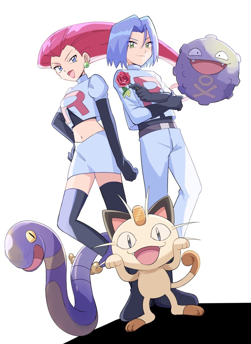 1boy 1girl blue_eyes blue_hair cat earrings ekans flower gen_1_pokemon green_eyes highres james_(pokemon) jessie_(pokemon) jewelry kelvin-trainerk koffing meowth nintendo open_mouth pink_hair pokemon pokemon_(anime) pokemon_(classic_anime) rose smile snake standing team_rocket team_rocket_uniform whiskers