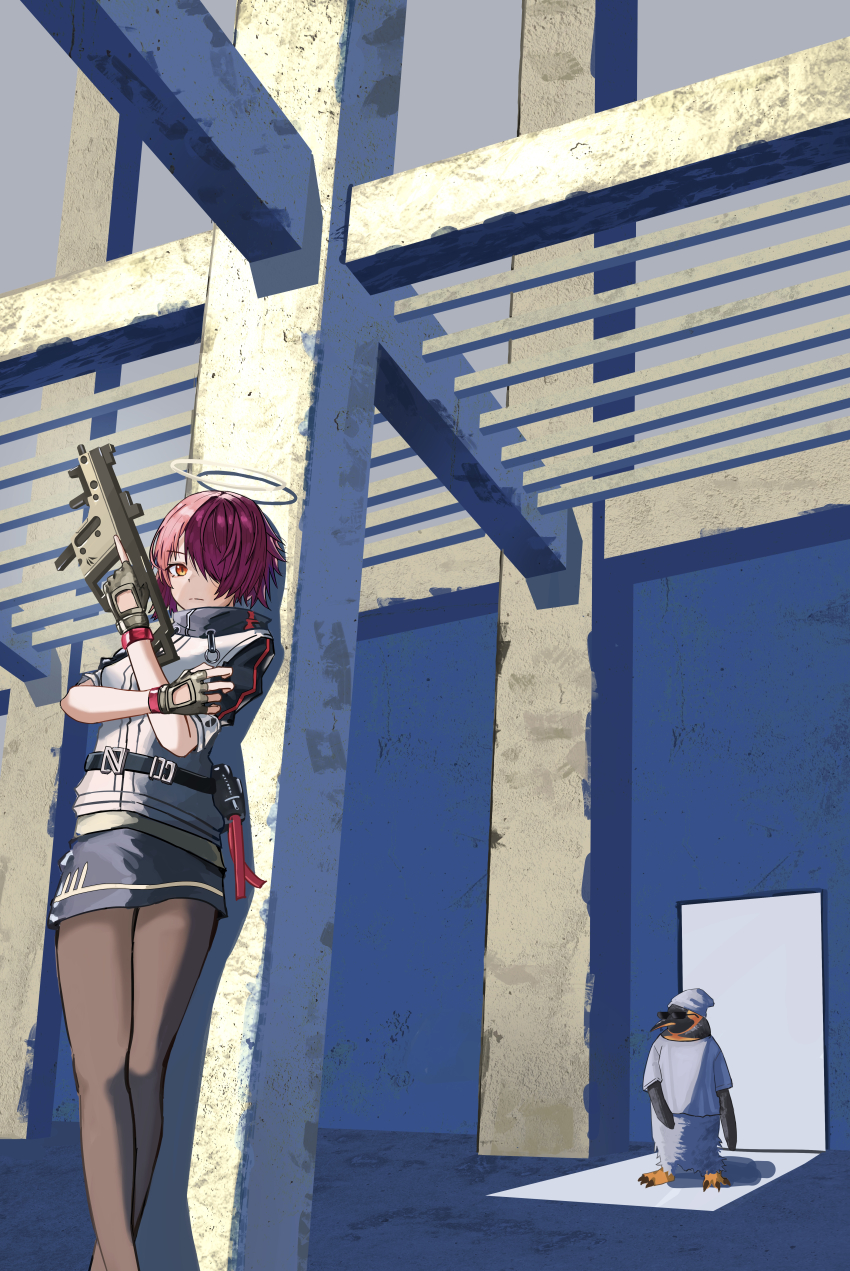 1girl absurdres arknights black_gloves black_pantyhose black_skirt breasts commentary_request emperor_(arknights) exusiai_(arknights) fingerless_gloves gloves gun hair_over_one_eye highres holding holding_gun holding_weapon jacket kriss_vector leaning looking_at_viewer pantyhose partial_commentary red_hair shirt short_hair short_sleeves skirt small_breasts submachine_gun sunglasses t-shirt takiren trigger_discipline weapon white_shirt