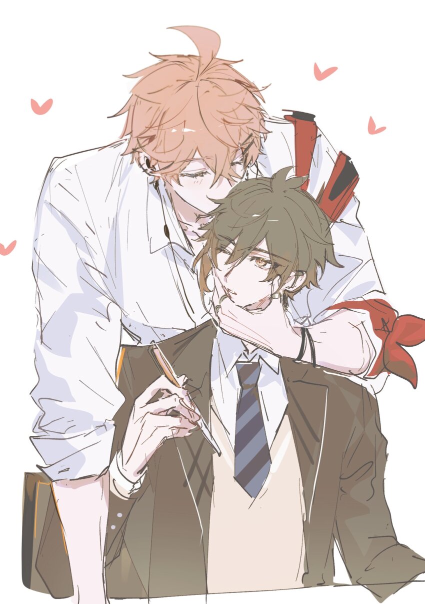alternate_costume closed_eyes genshin_impact grabbing_another&#039;s_chin hamtaru542899 hand_on_another&#039;s_chin heart_pattern highres holding holding_pencil kissing_head mors_gn necktie pencil striped_necktie tartaglia_(genshin_impact) twitter white_background zhongli_(genshin_impact)