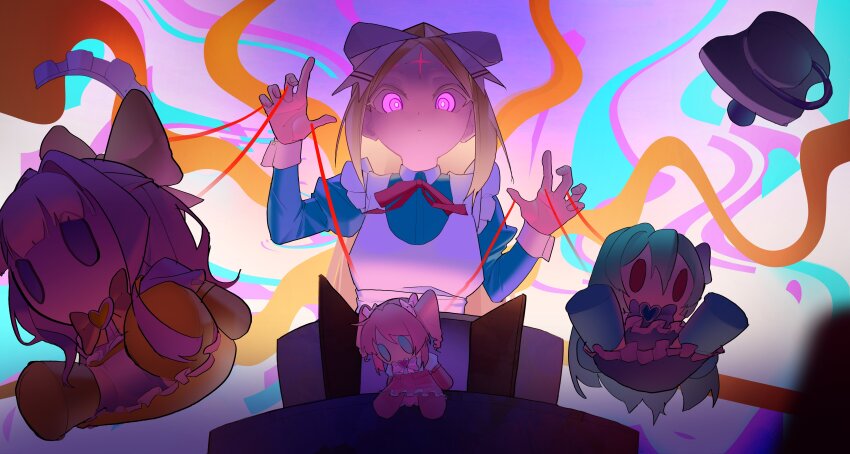 1girl absurdres apron blonde_hair bow character_doll commentary doll_house dress english_commentary hair_bow hakhpu highres long_hair magia_azure magia_magenta magia_sulfur mahou_shoujo_ni_akogarete morino_korisu nero_alice pacifier psychedelic puppet_strings purple_eyes serious simple_background solo star_(symbol) string