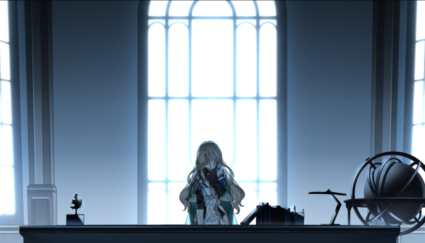 1girl backlighting bad_link bare_shoulders black_sleeves blonde_hair bloom coat coat_on_shoulders cocolia_rand desk desk_lamp dress figure game_cg globe gloves green_coat hand_on_own_face highres hip_vent honkai:_star_rail honkai_(series) indoors lamp long_hair long_sleeves medal official_art solo standing table two-tone_dress white_dress white_gloves wide_shot window