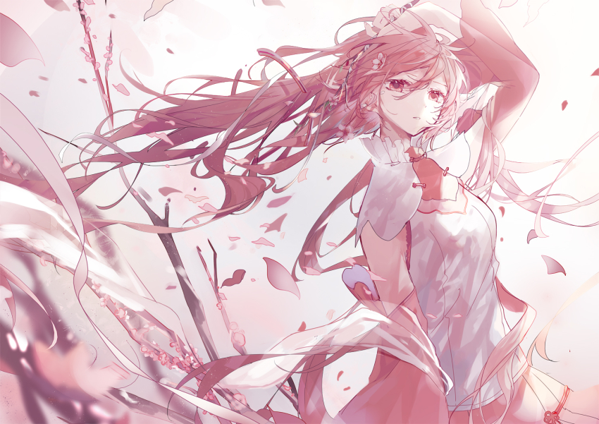 branch cherry_blossoms collar commentary detached_sleeves flower hair_flower hair_ornament half-closed_eyes hand_on_head hand_up hatsune_miku long_hair looking_at_viewer mamenomoto parted_lips petals pink_eyes pink_hair pink_skirt pink_sleeves pleated_skirt ribbon sakura_miku shirt skirt sleeveless sleeveless_shirt very_long_hair vocaloid white_collar white_shirt