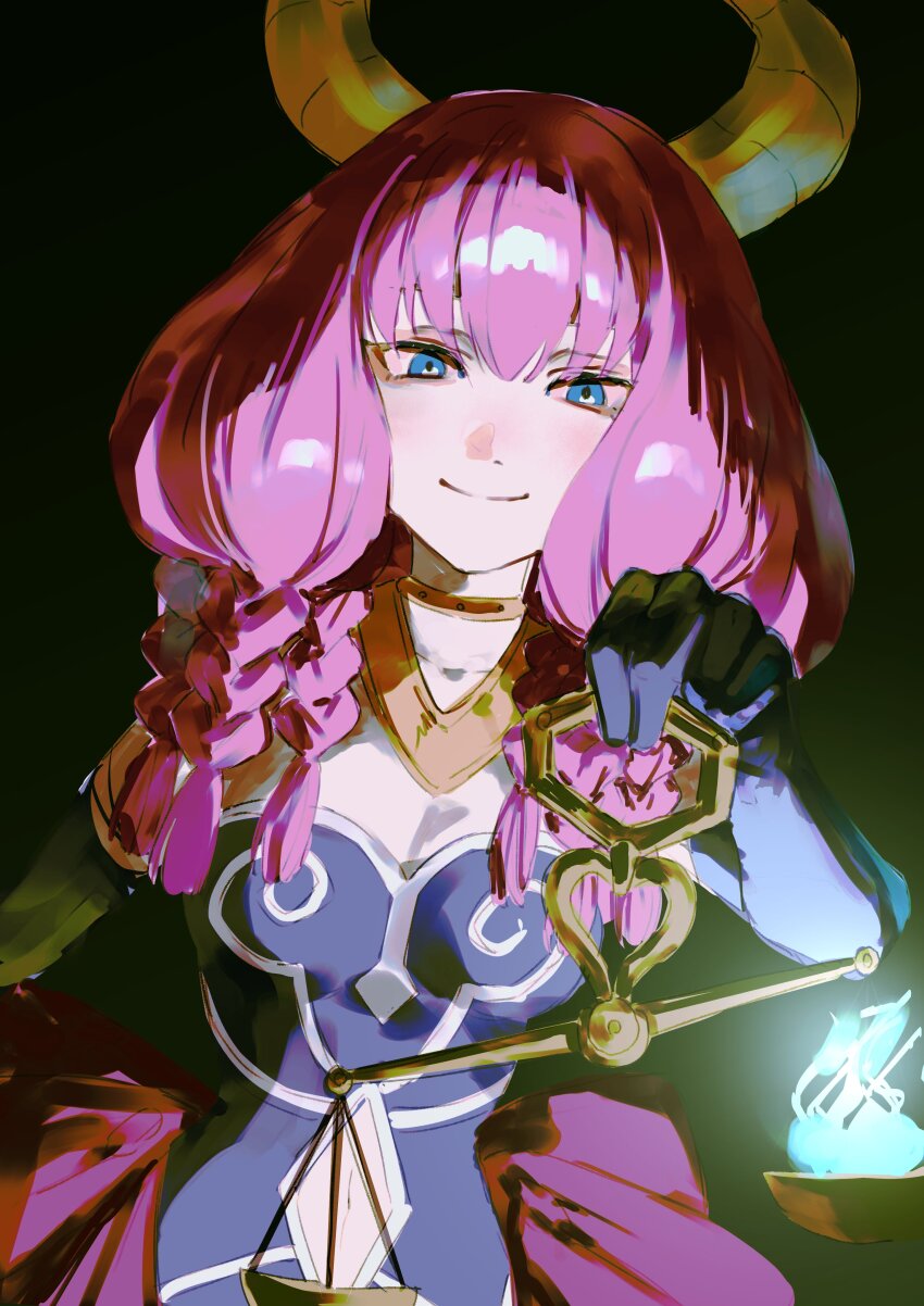 1girl 333takoyaki absurdres aura_(sousou_no_frieren) balance_scale black_background blue_eyes braid breasts clothing_cutout commentary_request demon_girl demon_horns elbow_gloves gloves glowing hair_between_eyes highres holding horns jewelry looking_at_viewer multiple_braids navel navel_cutout purple_gloves purple_hair simple_background solo sousou_no_frieren upper_body weighing_scale