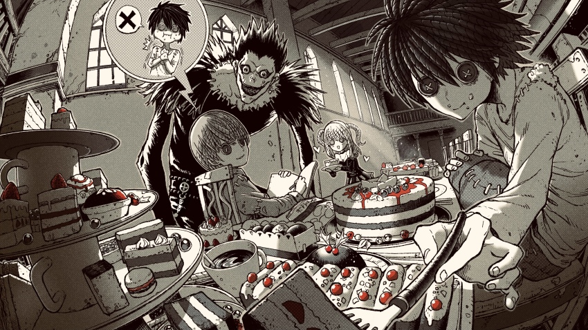 1girl 3boys absurdres amane_misa button_eyes buttons cake chair crumbs cup death_note death_note_(object) dessert detached_sleeves drink feather_collar food fork fruit goth_fashion highres holding holding_fork holding_pen identity_v indoors jewelry l_(death_note) looking_at_viewer monochrome multiple_boys necklace notebook omao pen pov ryuk shinigami short_hair sitting staple strawberry two_side_up window yagami_light