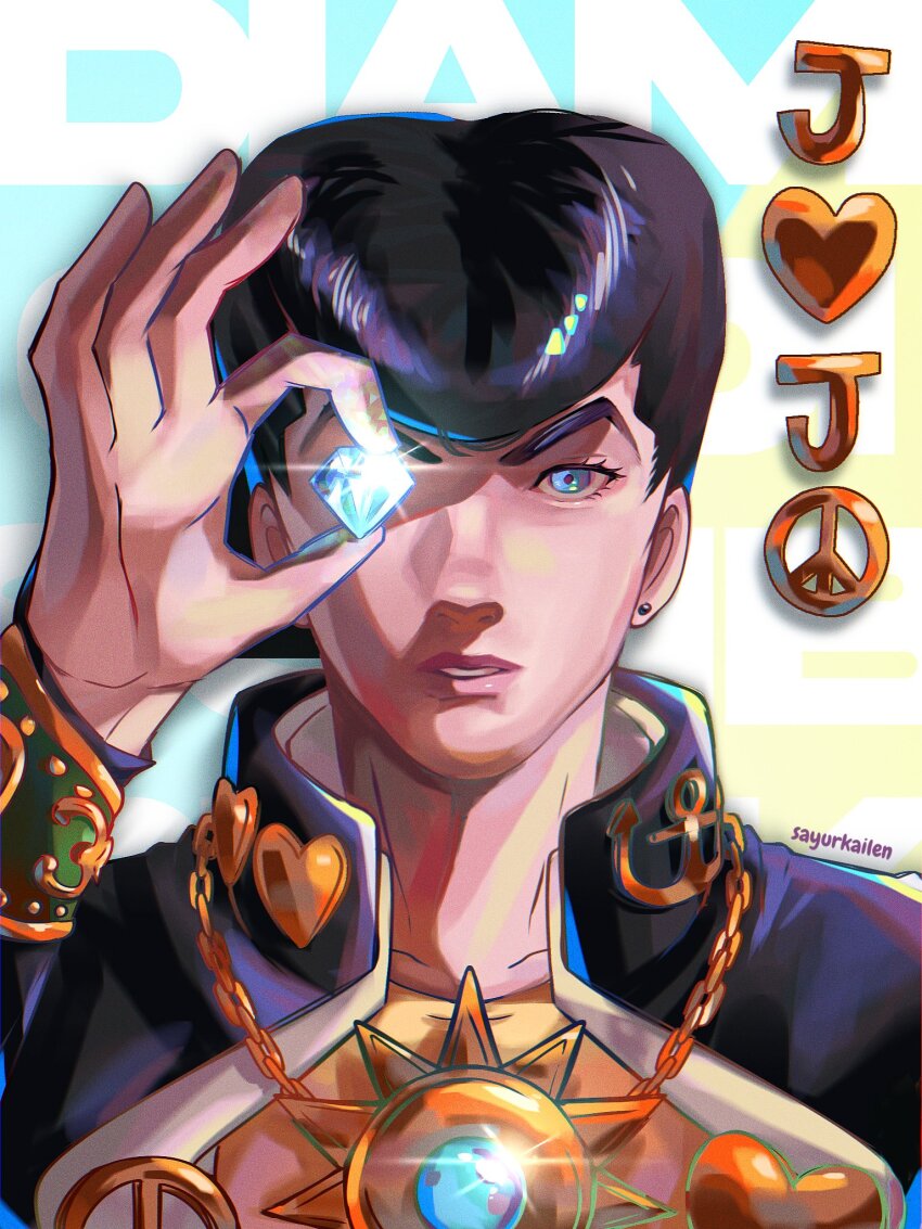 1boy anchor_ornament black_hair blue_eyes brooch chain commentary diamond_(gemstone) diamond_wa_kudakenai earrings english_commentary gakuran gem gold_chain heart heart_brooch higashikata_josuke high_collar highres holding holding_gem jewelry jojo_no_kimyou_na_bouken looking_at_viewer male_focus peace_symbol pompadour portrait sayurkailen school_uniform shirt solo sparkle stud_earrings upper_body yellow_shirt