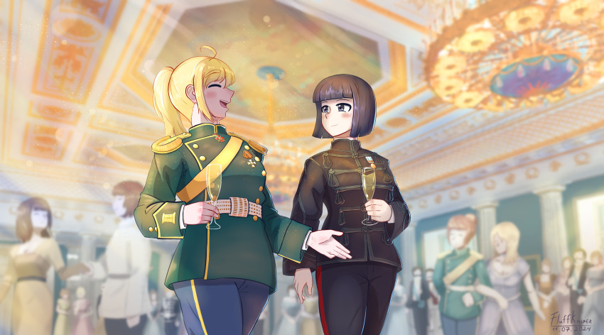 1girl 2girls absurdres ahoge alcohol belt belt_around_waist black_eyes black_hair black_jacket black_pants blonde_hair blue_pants blurry blurry_background blush champagne closed_eyes cross cross_pendant dated depth_of_field epaulettes fluffkaiser frogging green_jacket high_collar highres holding_grass jacket japan looking_at_another medal medium_hair military military_dress_uniform military_jacket military_uniform multiple_girls open_mouth original palace pants party ponytail ribbon_of_saint_george russia russian_empire sash sidelocks signature smile soldier striped_clothes striped_pants vertical-striped_clothes vertical-striped_pants white_belt white_wrist_cuffs wrist_cuffs yellow_sash