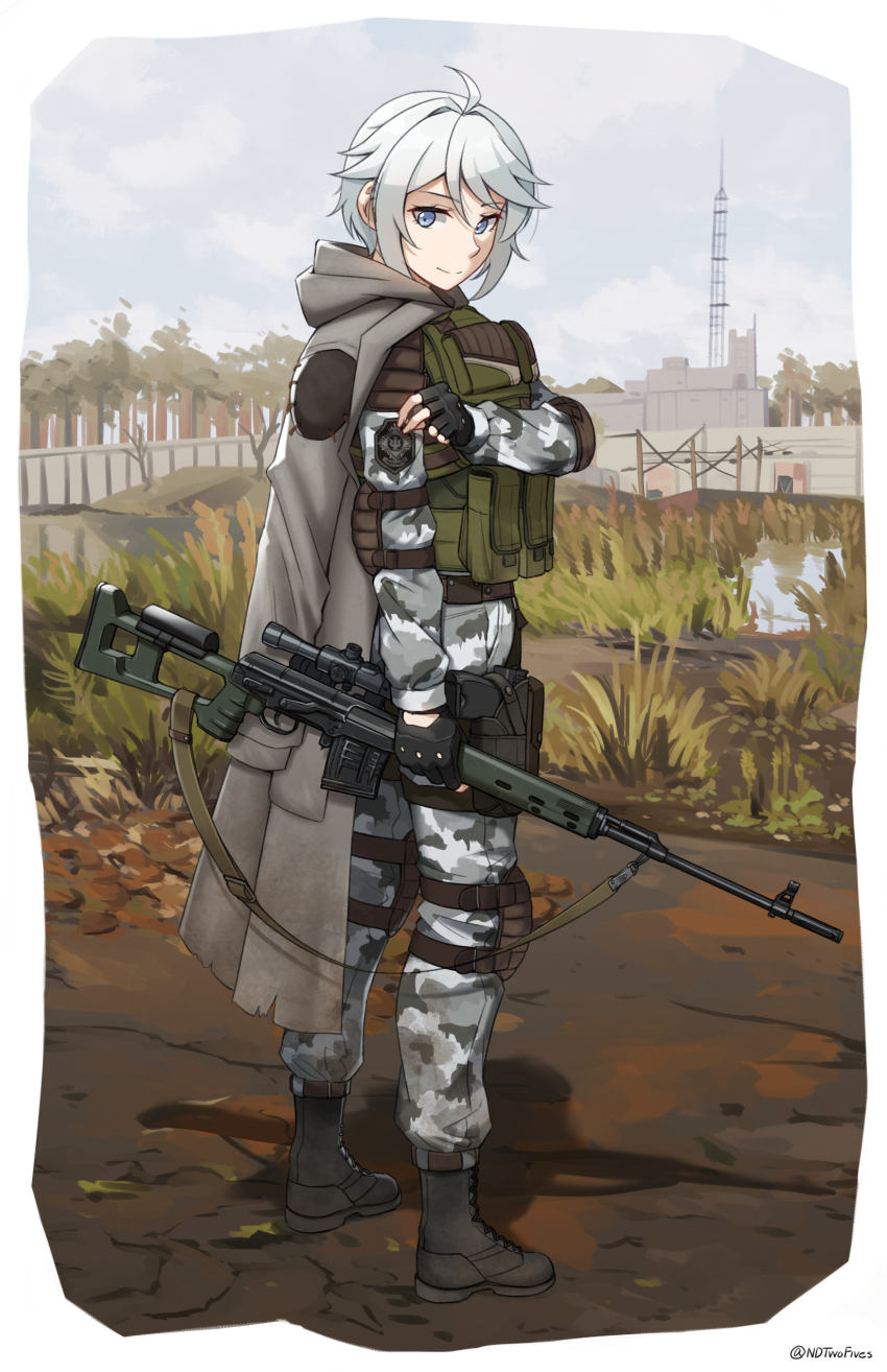 1girl absurdres black_boots black_gloves blue_sky boots building camouflage camouflage_jacket camouflage_pants closed_mouth cloud commentary day dragunov_svd fingerless_gloves gloves grey_eyes grey_jacket gun highres holding holding_gun holding_weapon hood hood_down hooded_jacket jacket jacket_on_shoulders lace-up_boots ndtwofives outdoors pants rifle sky smile sniper_rifle solo stalker_(game) stalker_2:_heart_of_chornobyl standing tree weapon white_hair