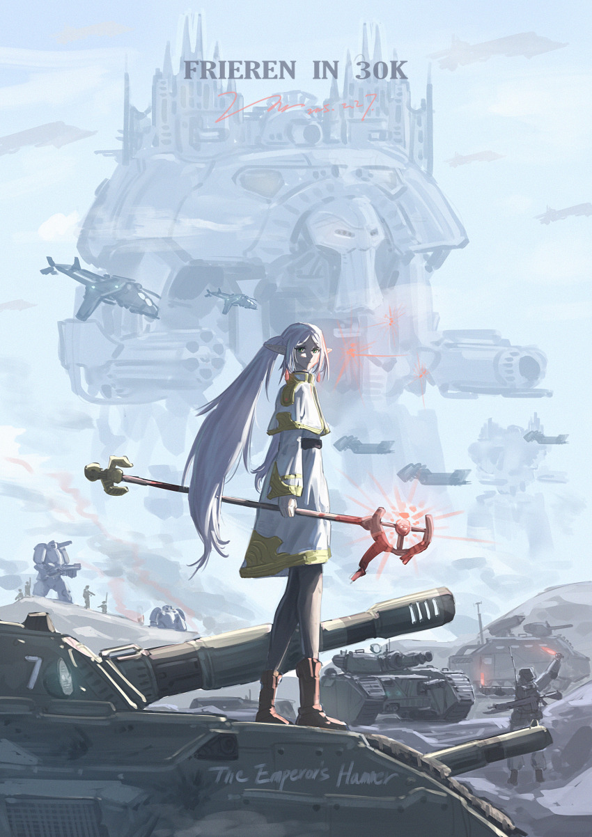1girl absurdres armored_vehicle astra_militarum black_pantyhose boots brown_boots capelet chimera_(warhammer_40k) collegia_titanica elf frieren from_side gunship highres leman_russ_(tank) long_hair looking_at_viewer magic military_vehicle motor_vehicle pantyhose pointy_ears solo_focus sousou_no_frieren staff standing_on_vehicle tank titan_(warhammer_40k) user_kyxw3427 valkyrie_(warhammer_40k) warhammer_40k white_capelet white_hair