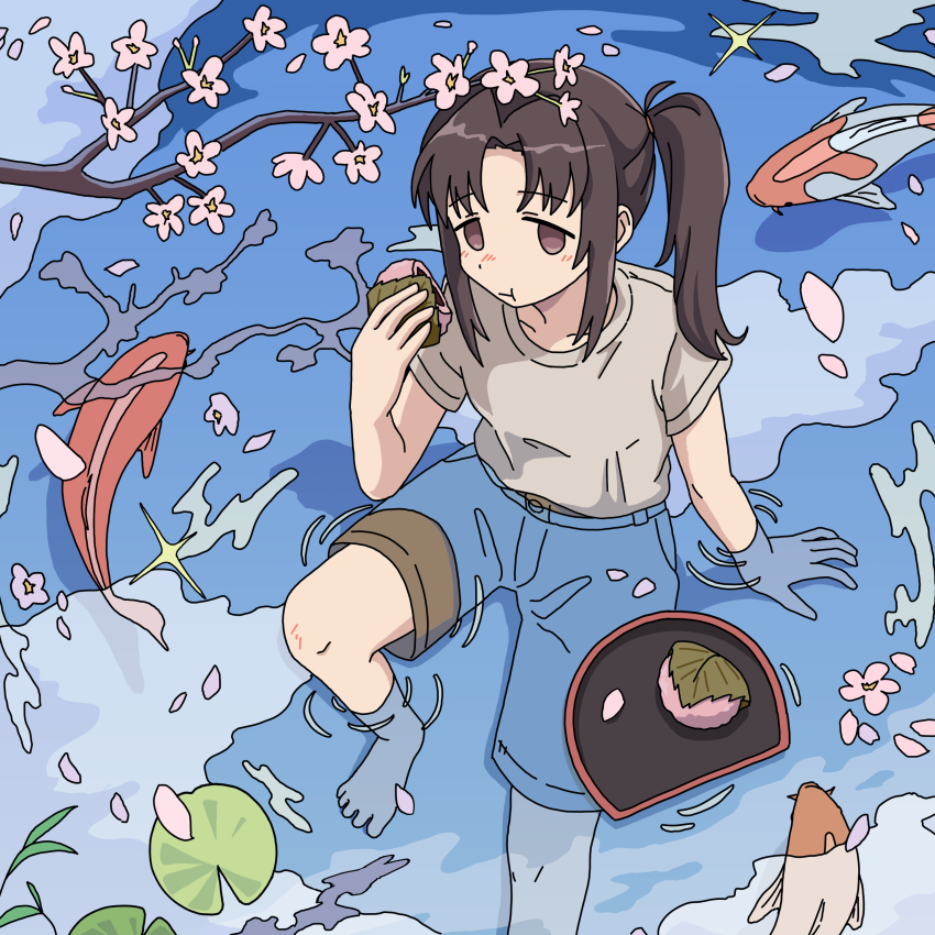1girl absurdres arm_support barefoot blush brown_eyes brown_shorts cherry_blossoms closed_mouth cloud eating ennui_orz expressionless falling_petals floating floating_object food foot_out_of_frame from_above grey_shirt hand_up highres holding holding_food knee_up koi lily_pad long_hair looking_up mochi no_sclera original partially_submerged petals reflection reflective_water ripples sakura_mochi shirt shirt_tucked_in short_sleeves shorts side_ponytail solo t-shirt tareme tray wagashi