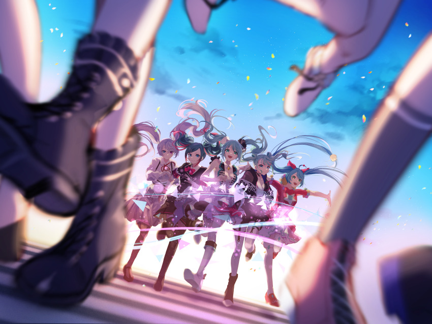 1boy 25-ji_miku 25-ji_nightcord_de._(project_sekai) 6+girls absurdres animal_ears ankle_boots ankle_bow ankle_ribbon aqua_hair azusawa_kohane backlighting belt black_footwear black_garter_straps blue_eyes blue_hair blue_sky blurry boots bow brooch buttons cat_ears checkered_clothes checkered_vest chest_harness choker clothes_writing clothing_cutout collared_dress colored_tips cropped_jacket day depth_of_field detached_collar dot_nose double_bun drawstring dress dutch_angle earrings flats floral_print full_body garter_straps gradient_sky green_eyes grey_hair grey_socks hair_bun hair_ornament hanasato_minori harness hatsune_miku heterochromia highres hood hooded_jacket hoop_earrings hoshino_ichika_(project_sekai) jacket jewelry jumping knee_boots kneehighs knees_together_feet_apart lace-up_boots layered_dress leg_ribbon leo/need_(project_sekai) leo/need_miku light_particles light_smile lineup long_sleeves looking_at_viewer lower_body more_more_jump!_(project_sekai) more_more_jump!_miku motion_blur multicolored_hair multiple_girls multiple_persona neck_ribbon o-ring o-ring_choker outdoors own_hands_together paperclip_hair_ornament petals pink_hair pink_ribbon pink_shoes pom_pom_(clothes) pom_pom_hair_ornament project_sekai purple_eyes red_ribbon ribbon running shoes short_sleeves single_horizontal_stripe sky sneakers socks sparkle standing standing_on_one_leg star_brooch star_cutout steepled_fingers strapless strapless_dress streaked_hair striped_clothes striped_dress sunlight tenma_tsukasa thighhighs transformation triangle twintails two-tone_hair vest view_between_legs vivid_bad_squad_(project_sekai) vivid_bad_squad_miku vocaloid white_dress white_footwear white_thighhighs wing_collar wonderlands_x_showtime_(project_sekai) wonderlands_x_showtime_miku wrist_cuffs yoisaki_kanade yuzuha_wasa