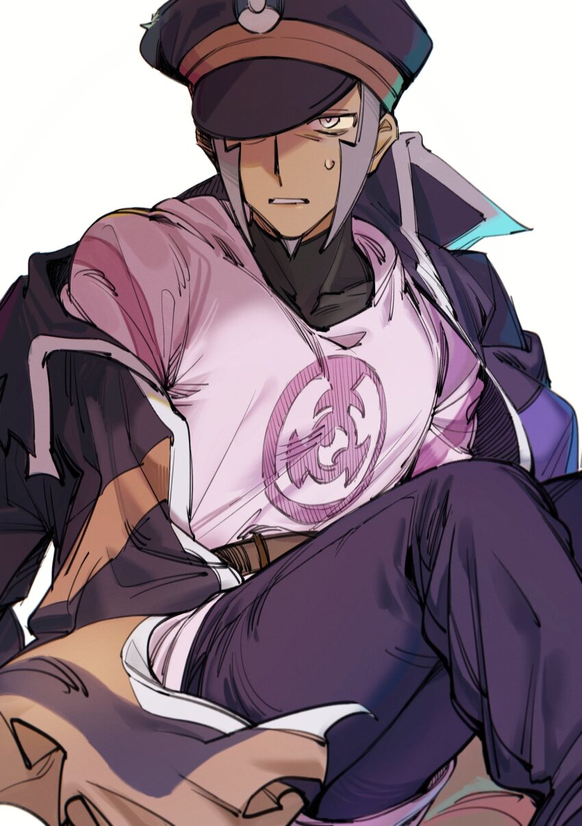 1boy belt black_coat black_hat black_pants brown_belt coat commentary_request emiya_izumi grey_eyes grey_hair hat high_collar highres ingo_(pokemon) looking_to_the_side male_focus nintendo off_shoulder one_eye_covered pants parted_lips peaked_cap pearl_clan_outfit pokemon pokemon_legends:_arceus popped_collar sideburns sitting solo sweatdrop white_background white_trim wing_collar