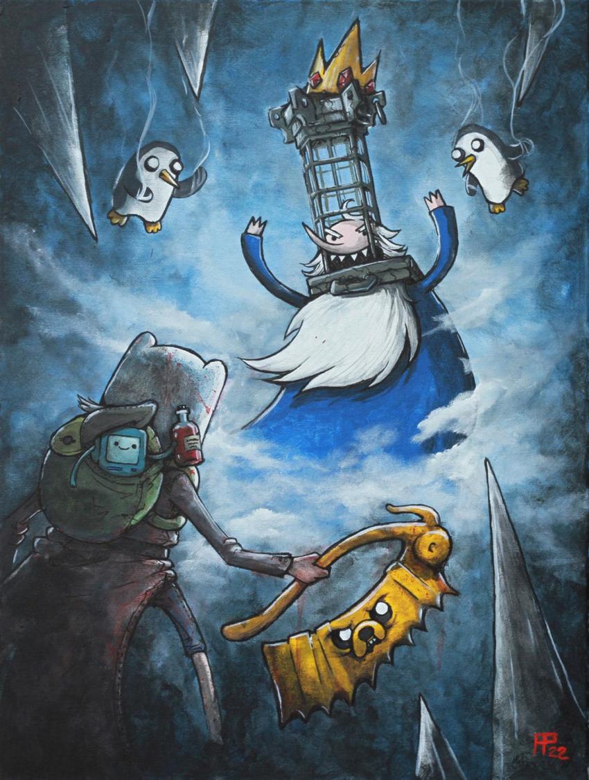 2boys :d adventure_time animal arms_up backpack bag beard bird bloodborne blue_robe bmo cage cosplay crown facial_hair finn_the_human fog full_body gunter_(adventure_time) hat highres holding holding_weapon hunter_(bloodborne) hunter_(bloodborne)_(cosplay) ice_king jake_the_dog long_nose long_sleeves micolash_host_of_the_nightmare micolash_host_of_the_nightmare_(cosplay) multiple_boys open_mouth pants penguin reallydensefood robe saw saw_cleaver shirt smile stalactite stalagmite teeth weapon white_headwear