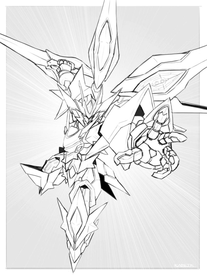 charging_forward commentary english_commentary flying greyscale highres holding holding_sword holding_weapon kadej mecha monochrome no_humans oobari_masami_(style) open_hand original robot science_fiction solo sword v-fin weapon