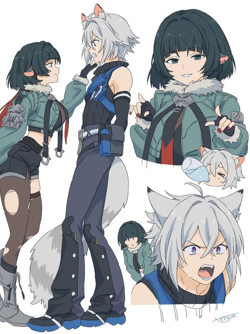 &gt;_&lt; 1boy 1girl ahoge animal_ear_fluff animal_ears artist_name black_gloves black_pantyhose black_shorts black_thighhighs cat_boy cat_ears cat_tail clenched_teeth closed_mouth commentary_request fingerless_gloves from_side full_body gloves green_eyes green_hair green_jacket hair_between_eyes highres jacket jane_doe_(zenless_zone_zero) long_hair mouse_ears mouse_girl multicolored_hair multiple_views nail_polish open_mouth pantyhose pointing pointing_at_viewer profile purple_eyes red_hair red_nails seth_lowell short_hair shorts sidelocks signature simple_background single_leg_pantyhose single_thighhigh smile standing sweatdrop tail teeth teruya_(6w6y) thighhighs torn_clothes torn_pantyhose torn_thighhighs two-tone_hair upper_body v-shaped_eyebrows water white_background white_hair zenless_zone_zero