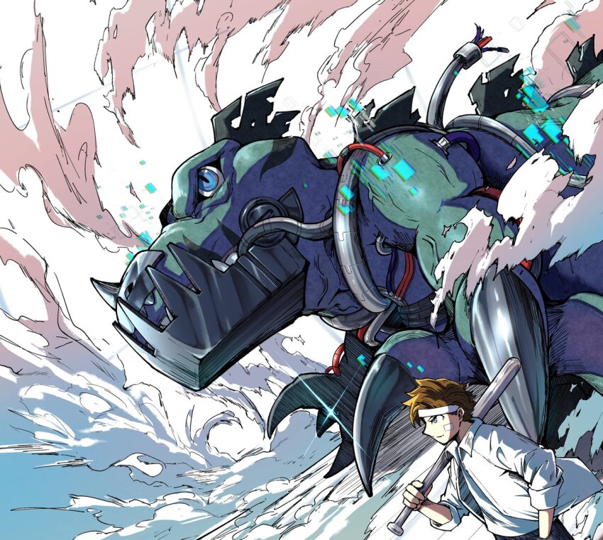 ayumuminato baseball_bat blue_eyes brown_hair cyborg digimon digimon_(creature) digimon_paradox dinosaur dust from_side holding holding_baseball_bat metaltyranomon shinonome_reiji shirt short_hair white_shirt