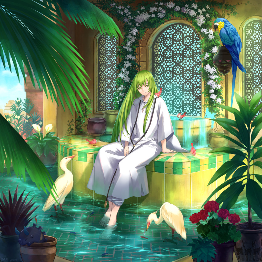 1other bird day enkidu_(fate) fate/grand_order fate_(series) fish flower fountain green_hair heron highres konji_(yomn) lily_(flower) long_hair parrot plant potted_plant robe sitting soaking_feet water white_robe window