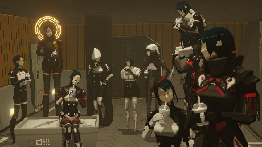 1boy 6+girls adler_(signalis) android apnoiac ara_(signalis) armor black_hair blue_hair bob_cut choppy_bangs clone crate cup cyberpunk drinking drinking_straw drinking_straw_in_mouth eule_(signalis) face_shield faceless faceless_female faceless_male falke_(signalis) garrison_cap grimace_shake_(meme) halo hat height_difference highres holding holding_cup kolibri_(signalis) mechanical_arms mechanical_halo mechanical_legs meme multiple_girls science_fiction short_hair sierpinski_triangle signalis sitting sitting_on_person sitting_on_shoulder size_difference sliding_doors spacecraft_interior standing star_(signalis) storch_(signalis) tall_female tile_floor tiles