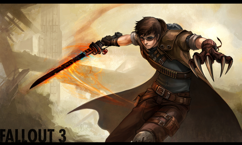 1boy bandolier belt blue_eyes brown_hair bullet claws coat copyright_name determined fallout fallout_3 fire frown glasses knee_pads letterboxed lone_wanderer male_focus overcoat post-apocalypse ruins sandara serious solo sunglasses sword weapon