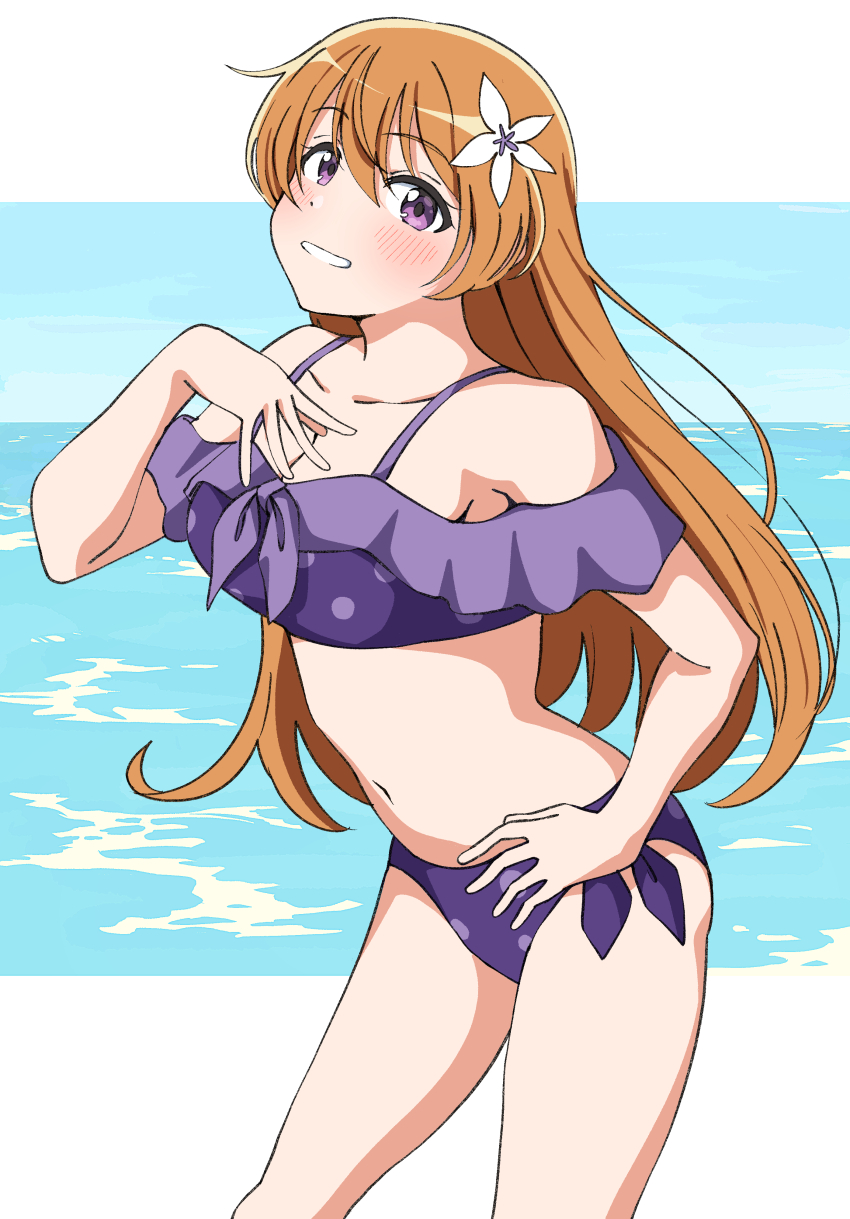 1girl absurdres bikini blue_sky breasts brown_hair cleavage collarbone commentary cowboy_shot highres konoe_kanata letterboxed long_hair love_live! love_live!_nijigasaki_high_school_idol_club medium_breasts ocean off-shoulder_bikini off_shoulder official_alternate_costume outside_border purple_bikini purple_eyes side-tie_bikini_bottom sky solo standing swimsuit uchuu_no_mozuku very_long_hair