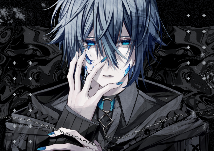 1boy abstract_background absurdres aqua_collar aqua_eyes aqua_nails black_background black_jacket black_shirt blue_eyes blue_hair blue_nails chain chain_leash collared_shirt commentary_request cracked_skin gradient_nails hair_between_eyes hand_on_own_arm hand_on_own_face heterochromia highres hood hooded_jacket jacket leash looking_at_viewer male_focus original pale_skin parted_lips portrait shirt short_hair single_empty_eye slit_pupils solo teeth wu_(user_sevs2252)
