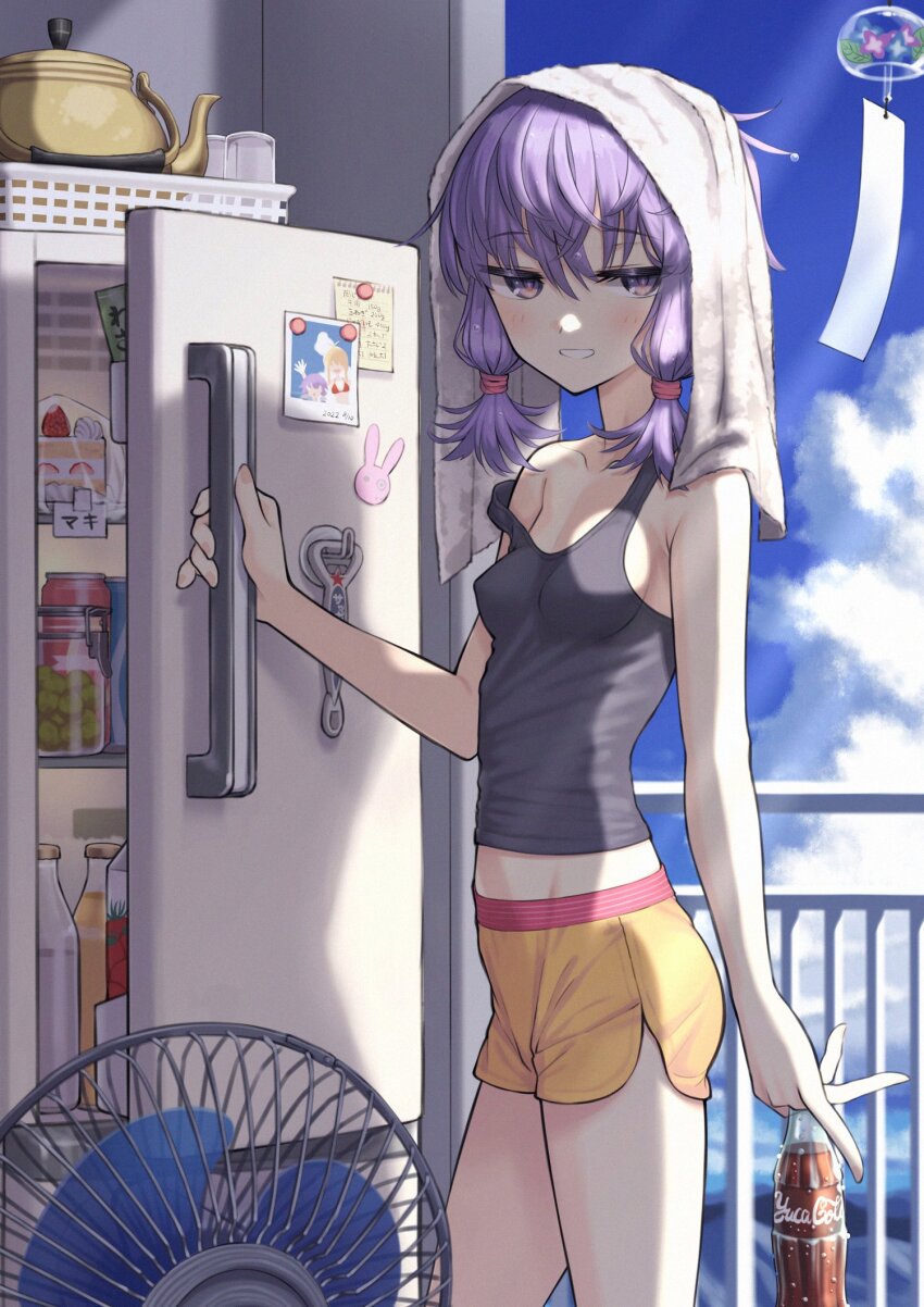 1girl alternate_costume arm_at_side black_tank_top blue_sky blurry blurry_background blush bottle bottle_opener brand_name_imitation breasts cake cloud coca-cola collarbone commentary cowboy_shot cumulonimbus_cloud day dolphin_shorts electric_fan food glass_bottle grin groin half-closed_eyes hand_up highres holding holding_bottle indoors looking_at_viewer looking_to_the_side magnet medium_breasts midriff opening_door partially_translated photo_(object) purple_eyes purple_hair railing recipe_(object) refrigerator refrigerator_magnet revision samaru_(seiga) short_hair short_shorts shorts sidelighting sidelocks sky smile soda_bottle solo standing strap_slip summer sunlight tank_top teapot towel towel_on_head translation_request tsurumaki_maki vocaloid voiceroid wet wet_hair wind_chime yellow_shorts yuzuki_yukari