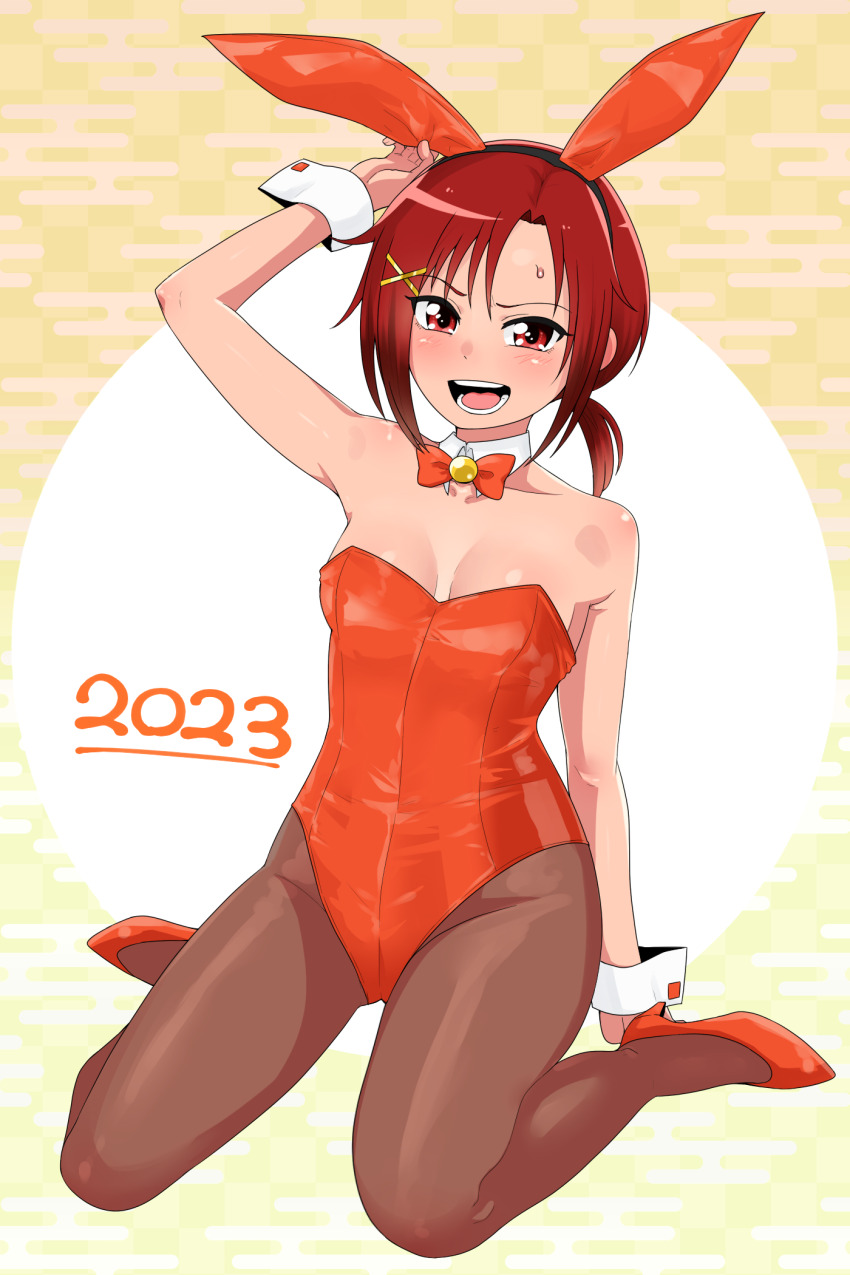 1girl 2023 animal_ears blush breasts brown_pantyhose choker fake_animal_ears full_body hair_ornament high_heels highres hino_akane_(smile_precure!) leotard looking_at_viewer new_year open_mouth pantyhose playboy_bunny ponytail precure rabbit_ears red_eyes red_hair short_hair smile smile_precure! solo strapless strapless_leotard tsubasa_(godbardtsubasa) x_hair_ornament