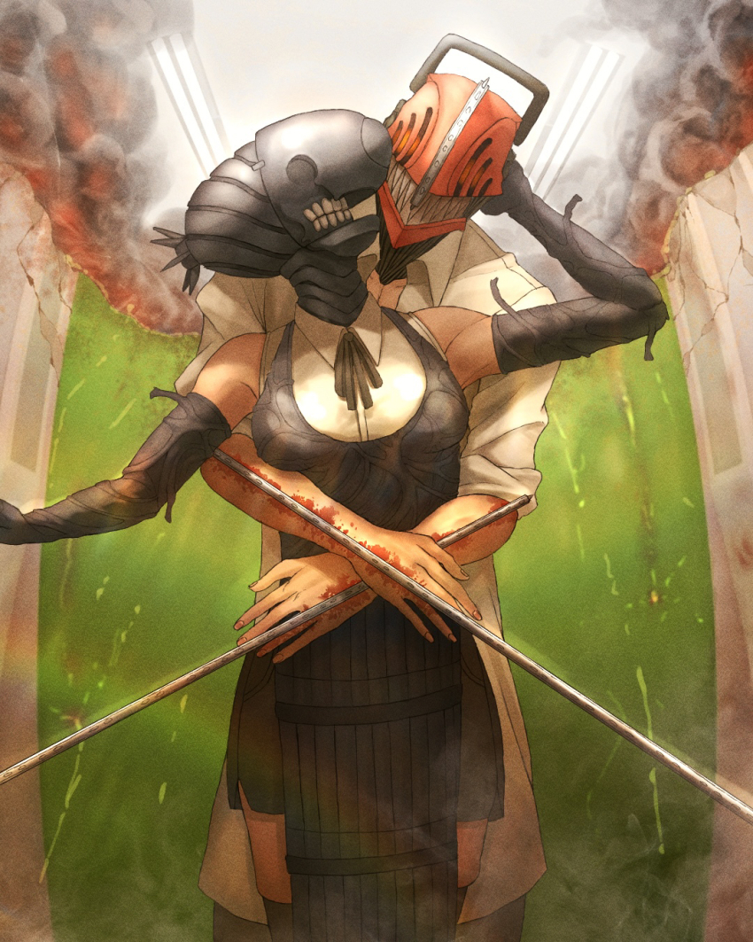 1boy 1girl alternate_form apron black_apron black_gloves black_ribbon black_shorts black_thighhighs bomb_devil_(chainsaw_man) chainsaw chainsaw_man denji_(chainsaw_man) dynamite elbow_gloves explosive fire gloves green_screen hetero highres hug hug_from_behind neck_ribbon object_head ribbon sharp_teeth shekisheki15 shirt shorts sleeveless sleeveless_shirt sleeves_rolled_up smoke teeth thighhighs white_shirt