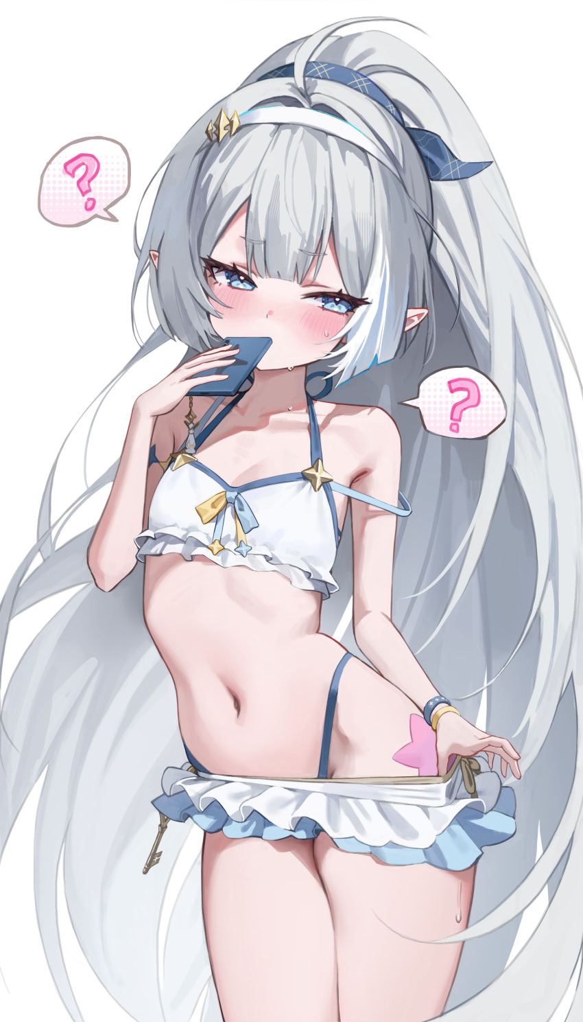 1girl ? absurdres bikini blue_eyes blush breasts collarbone commentary female_tyrant_(stella_sora) grey_hair highres holding korean_commentary long_hair navel p00nipooni side_ponytail simple_background small_breasts spoken_question_mark stella_sora stomach swimsuit thighs tyrant_(stella_sora) very_long_hair white_background white_bikini