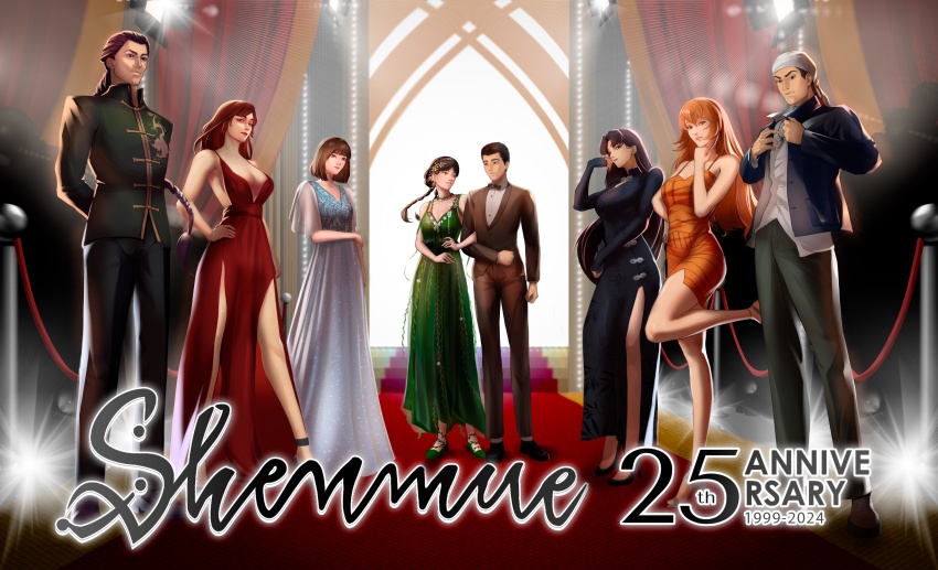 3boys 5girls absurdres bandana black_dress blue_dress bobertio breasts brown_hair china_dress chinese_clothes chinese_hairpin cleavage curtains dress evening_gown green_dress harasaki_nozomi hazuki_ryou high_heels highres hong_xiu_ying joy_(shenmue) lan_di large_breasts light_rays ling_shen_hua locked_arms logo long_dress long_hair looking_at_viewer medium_breasts milestone_celebration multiple_boys multiple_girls neck niao_sun open_clothes open_shirt orange_dress orange_hair pants pelvic_curtain plunging_neckline red_carpet red_dress red_hair ren_wu_ying second-party_source shenmue short_dress short_hair side_slit stage_lights stairs stanchion standing tuxedo white_bandana