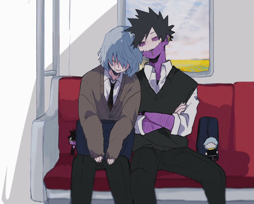 2boys ametaro_(ixxxzu) black_hair black_pants black_sweater_vest blue_eyes boku_no_hero_academia briefcase brown_cardigan burn_scar cardigan character_doll cheek_piercing collared_shirt dabi_(boku_no_hero_academia) doll face_piercing grey_hair highres male_focus multiple_boys multiple_scars pants piercing red_eyes scar scar_on_face school_briefcase shigaraki_tomura shirt short_hair simple_background sitting sleeping sleeping_upright spiked_hair staple stapled sweater_vest train_interior white_background white_shirt wrinkled_skin