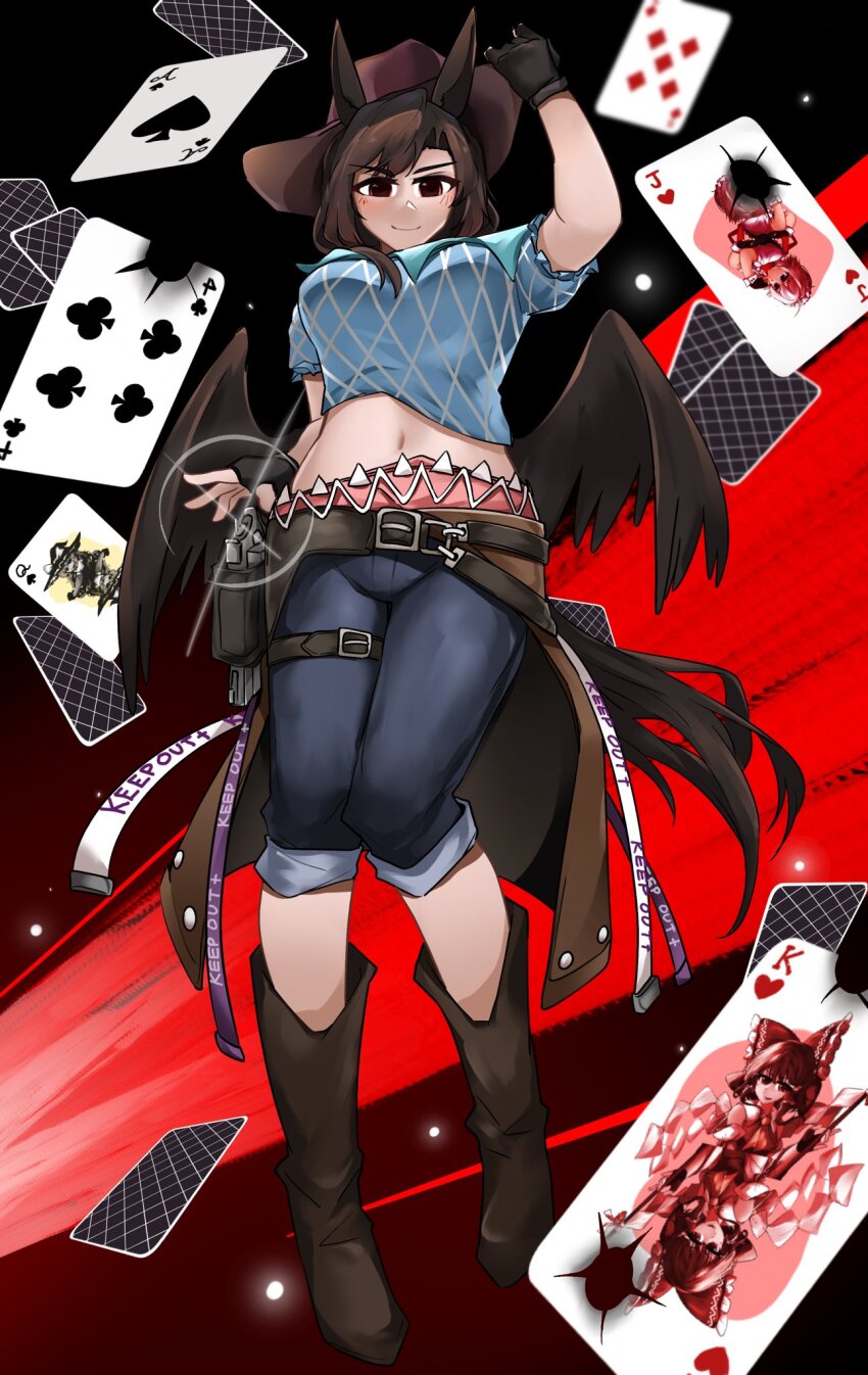 1girl ace_(playing_card) ace_of_spades animal_ears belt black_background black_wings blue_pants blue_shirt boots brown_hat card commentary cowboy_hat english_commentary five_of_diamonds four_of_clubs full_body hakurei_reimu hat highres horse_ears horse_girl izayoi_sakuya jack_(playing_card) jack_of_hearts king_(playing_card) king_of_hearts_(playing_card) kirisame_marisa kurokoma_saki looking_at_viewer pants pegasus_wings plaid_clothes plaid_shirt playing_card protected_link queen_(playing_card) queen_of_spades_(playing_card) red_background shirt solo spade_(shape) statisticstater touhou wings