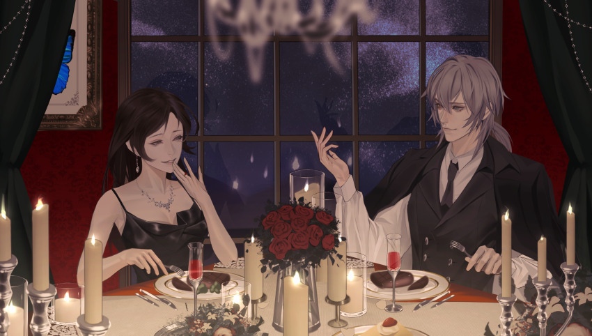 1boy 1girl absurdres alcohol alternate_costume artist_self-insert bare_arms black_dress black_eyes black_hair black_jacket black_necktie blue_butterfly blue_eyes breasts broccoli bug butterfly candle candlestand chinese_commentary cleavage collarbone collared_shirt commentary cup curtains dining_room dress drinking_glass earrings floating_earring flower food fork gem giggling grey_hair hair_between_eyes hand_up hejiu hejiu_(hejiu) heterochromia highres holding holding_fork indoors insect jacket jacket_on_shoulders jewelry knife lips long_hair low_ponytail meal medium_breasts necklace necktie night night_sky painting_(object) parted_hair parted_lips plate ponytail punishing:_gray_raven red_flower red_gemstone red_rose red_wine reflection ring rose shirt silver_earrings silver_necklace sky smile spaghetti_strap star_(sky) steak table vest waistcoat wallpaper_(object) watanabe_(pgr) white_shirt window wine wine_glass yellow_eyes
