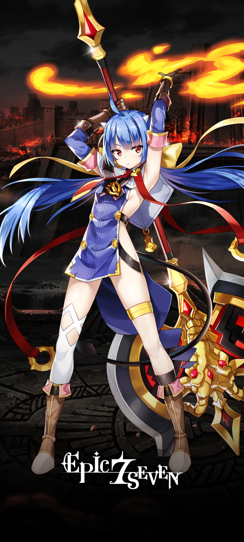1girl absurdres ahoge armpits arms_up axe battle_axe blue_dress blue_hair boots bow bracelet breasts brown_boots brown_gloves capelet copyright_name demon_tail dress epic_seven fire full_body gauntlets gloves gold_thighlet hair_bow highres holding holding_behind_back holding_weapon holding_weapon_behind_back horns jewelry legband logo long_hair looking_at_viewer low_twintails medium_breasts necktie official_art pelvic_curtain ravi_(epic_seven) red_eyes red_necktie revealing_clothes sideboob sideless_outfit single_thighhigh small_breasts solo standing strap tail thighhighs twintails weapon white_capelet white_thighhighs yellow_bow