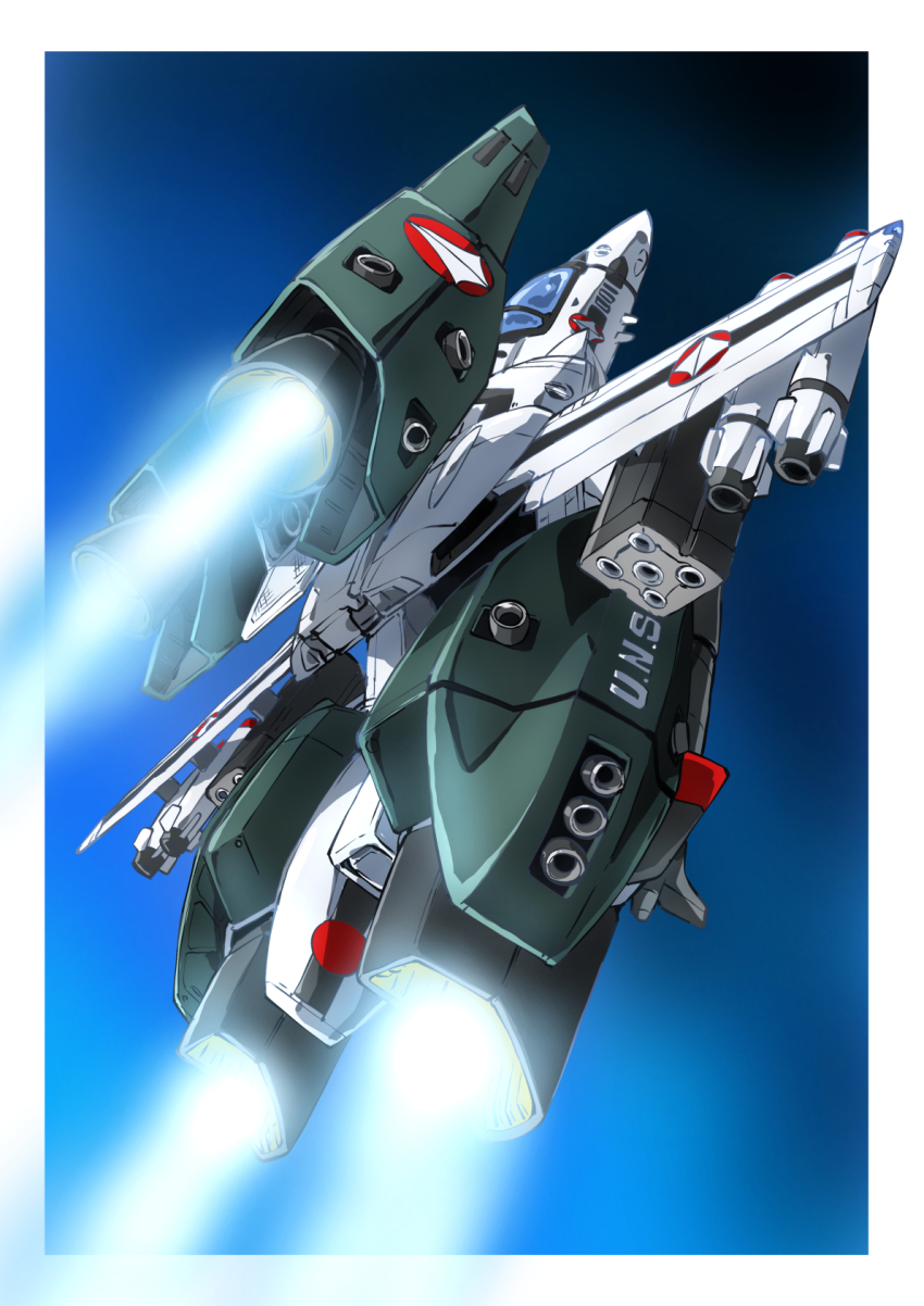 blue_sky choujikuu_yousai_macross commentary_request flying gradient_background gunpod highres macross missile missile_pod nuclear_weapon roundel science_fiction sky taiga_hiroyuki thrusters u.n._spacy variable_fighter vf-1 vf-1_super