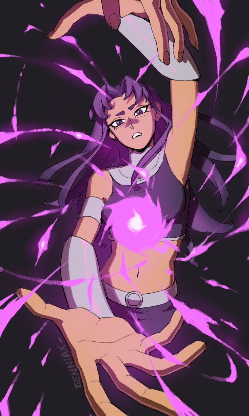 1girl artist_name black_background black_hair blackfire bracer crop_top dc_comics energy_ball foreshortening genniax highres long_hair looking_at_viewer midriff navel open_mouth purple_eyes sidelocks sleeveless stomach teen_titans_(tv_series)