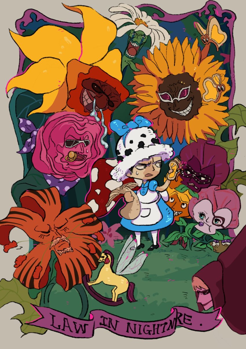 2girls 6+boys alice_in_wonderland apron baby_5 beard blue_bow blue_dress bow bug butterfly crossdressing crossover dellinger_(one_piece) diamante_(one_piece) donquixote_doflamingo donquixote_rocinante dress english_text facial_hair fengcheche flower frown grin highres holding holding_butterfly holding_mushroom insect lao_g_(one_piece) multiple_boys multiple_girls mushroom mustache one_piece open_mouth pacifier parody senor_pink smile snot sugar_(one_piece) sunflower sunglasses sweatdrop teeth trafalgar_law trebol_(one_piece) vergo_(one_piece) white_apron wooden_horse