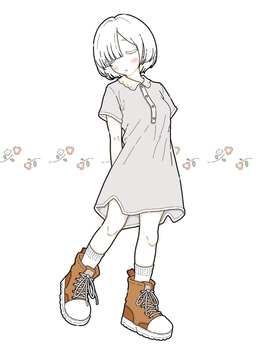 1girl absurdres arms_behind_back asymmetrical_bangs blush bob_cut boots breasts buttons closed_eyes collared_dress dress floral_background full_body grey_dress hair_over_one_eye highres nonnki orange_boots original parted_lips short_dress short_hair short_sleeves small_breasts socks solo standing white_background white_hair white_socks