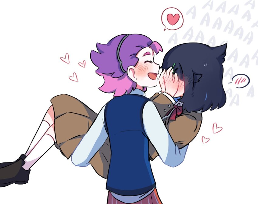 2girls androgynous black_hair blue_sweater_vest bow brown_jacket carrying closed_eyes commentary covering_face dot_(pokemon) hairband heart jacket liko_(pokemon) medium_skirt multicolored_hair multiple_girls naranja_academy_school_uniform ni12345670 nintendo open_mouth pink_hair pleated_skirt pokemon pokemon_(anime) pokemon_horizons princess_carry purple_eyes red_bow school_uniform skirt smile spoken_blush spoken_heart sweater_vest two-tone_hair yuri