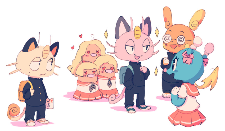 :d alolan_dugtrio alolan_form alolan_meowth alolan_raichu backpack bag black_eyes blonde_hair blush brionne cat clothed_pokemon creature dugtrio eye_contact fangs frown gen_1_pokemon gen_7_pokemon glasses heart heart-shaped_eyes holding holding_paper long_hair long_sleeves looking_at_another lyn_mametchi meowth nintendo open_mouth paper pokemon pokemon_(creature) raichu red_skirt sailor school_uniform serafuku shadow short_hair simple_background skirt smile sparkle standing white_background