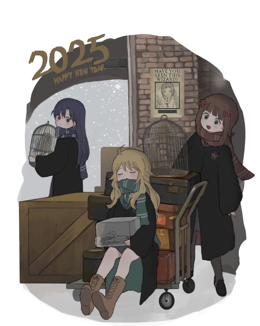 2025 3girls 8_8ghost ahoge amami_haruka bird birdcage black_robe black_shoes blonde_hair blue_hair boots brown_boots brown_eyes brown_hair cage crate green_eyes green_necktie green_scarf grey_skirt gryffindor hair_ribbon happy_new_year harry_potter_(series) highres hogwarts_school_uniform holding holding_cage hoshii_miki idolmaster idolmaster_(classic) kisaragi_chihaya light_blush long_hair long_sleeves missing_poster miura_azusa multiple_girls necktie new_year open_mouth owl pleated_skirt red_ribbon red_scarf ribbon robe scarf school_uniform shoes short_hair sitting skirt sleeping slytherin smile snake striped_clothes striped_scarf suitcase wizarding_world