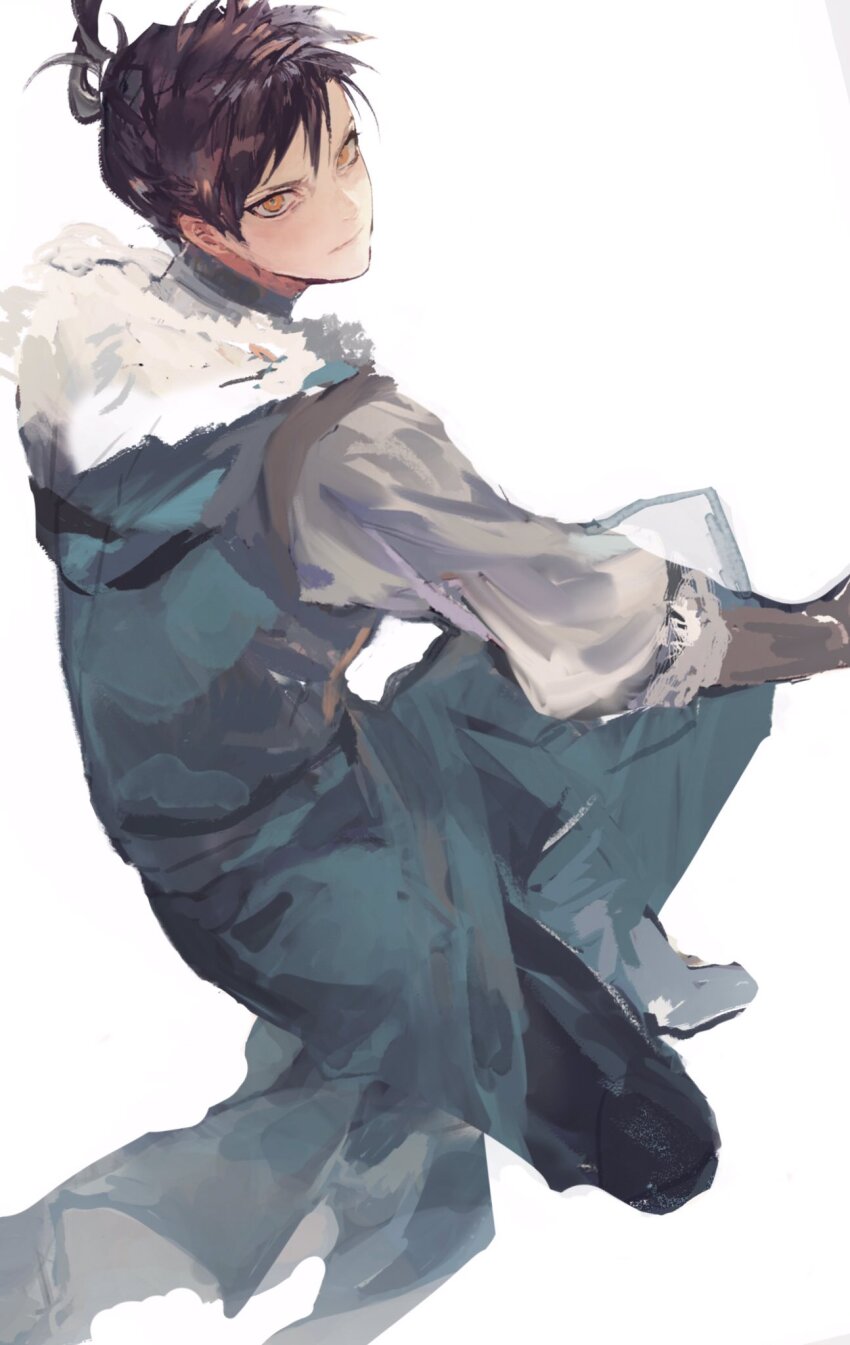 1boy aqua_pants aqua_tunic black_hair brown_gloves closed_mouth felix_hugo_fraldarius felix_hugo_fraldarius_(timeskip) fire_emblem fire_emblem:_three_houses full_body fur-trimmed_gloves fur-trimmed_hood fur_trim gloves haruko_(haruhello) highres hood hood_down hooded_tunic kneeling long_sleeves looking_ahead male_focus nintendo orange_eyes pants shirt simple_background solo tunic white_background white_fur white_shirt