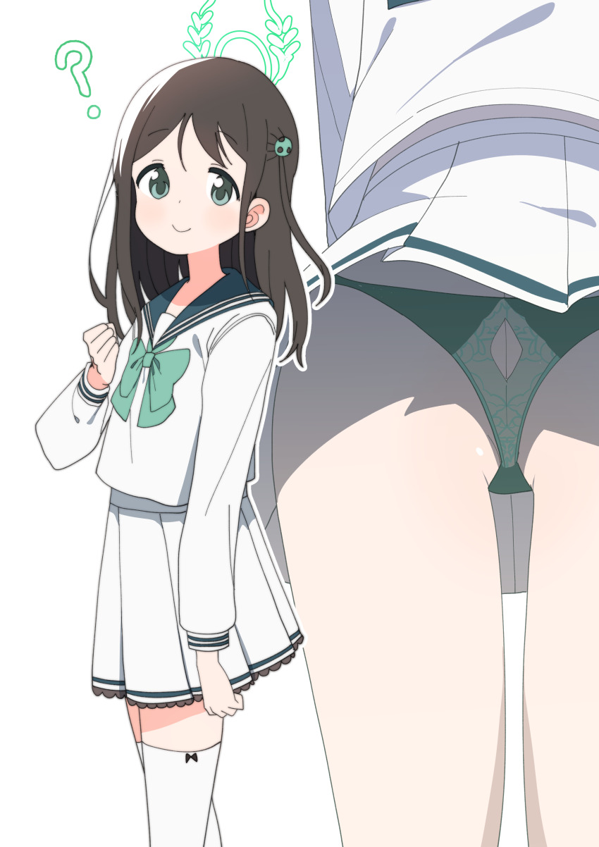 1girl ? absurdres airi_(blue_archive) ass blue_archive blue_sailor_collar bow bowtie brown_hair closed_mouth commentary_request flat_ass food-themed_hair_ornament green_bow green_bowtie green_eyes green_panties hair_ornament halo highres ice_cream_hair_ornament korean_commentary lace lace_panties long_sleeves looking_at_viewer luke_(dydansgur) medium_hair miniskirt mtu_virus multiple_views panties pleated_skirt sailor_collar school_uniform serafuku shirt simple_background skirt smile thighhighs underwear upskirt white_background white_shirt white_skirt white_thighhighs zettai_ryouiki